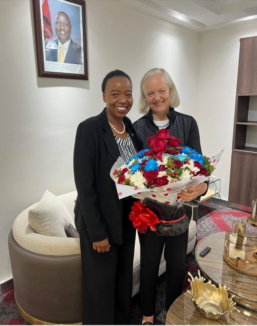 Outgoing Ambassador Meg Whitman poses for a photo with the National Security Advisor to President William Ruto, Monica Juma. PHOTO/@USAmbKenya/X