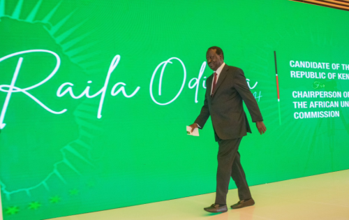 Raila Odinga walks to the podium during the official unveiling of his manifesto for the AUC seat in Addis Ababa, Ethiopia, on Friday, November 8, 2024. PHOTO/@paulinenjoroge/X