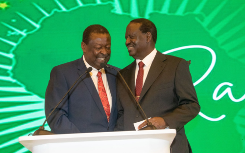 Raila Odinga confers with Musalia Mudavadi during the official unveiling of his manifesto for the AUC seat in Addis Ababa, Ethiopia, on Friday, November 8, 2024. PHOTO/@paulinenjoroge/X