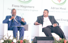 Director Renewable Energy-Ministry of Energy and Petroleum Benson Mwakina (left) with Senior accounts manager Sungrow South Africa Prinaven Naidoo during the conference in Nairobi yesterday. PHOTO/Bernard Malonza