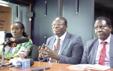 KCCB Head of Health Jacinta Mutegi (left), Tenwek Mission Hospital chair Bishop Robert Lang’at and CHAK general secretary Dr Samuel Mwenda address the press. PHOTO/Bernad Malonza