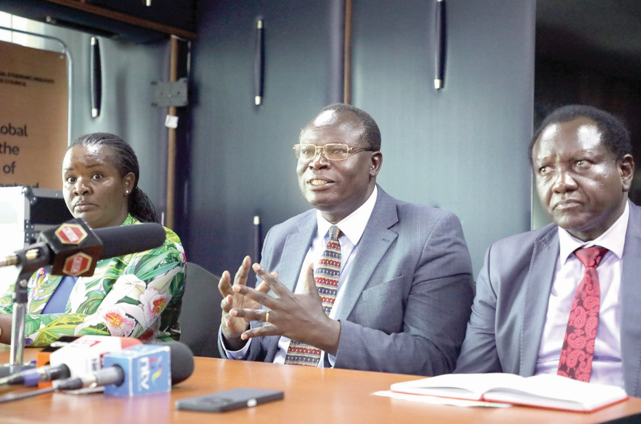 KCCB Head of Health Jacinta Mutegi (left), Tenwek Mission Hospital chair Bishop Robert Lang’at and CHAK general secretary Dr Samuel Mwenda address the press. PHOTO/Bernad Malonza