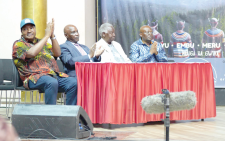 Former Kiambu Governor Ferdinand Waititu (left) and former minister George Muhoho (second from right) and other leaders address the press during the Gikuyu, Embu, Meru and Akamba Association meeting in Nairobi, yesterday. PHOTO/KENNA CLAUDE