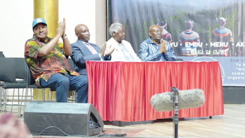 Former Kiambu Governor Ferdinand Waititu (left) and former minister George Muhoho (second from right) and other leaders address the press during the Gikuyu, Embu, Meru and Akamba Association meeting in Nairobi, yesterday. PHOTO/KENNA CLAUDE