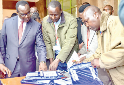 Education CS Julius Migos Ogamba when he supervised the distribution of day 3 KCSE Exam papers at the Ngong DCC - KNEC container in Kajiado county PHOTO/Christine Musa