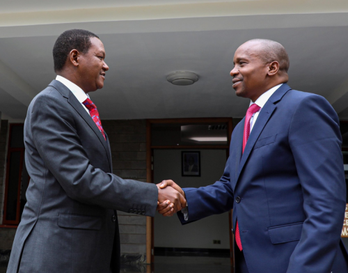 Labour CS Alfred Mutua shakes hands with Deputy President Kithure Kindiki at his Karen residence office on Wednesday, November 13, 2024. PHOTO/@KindikiKithure/X