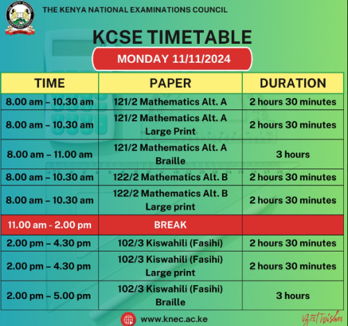 November 11, 2024 KCSE exam timetable. PHOTO/@KNECKenya/X