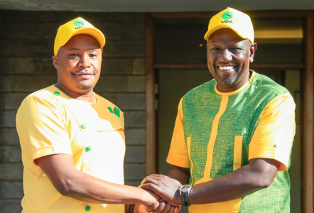 Former Starehe MP Charles Kanyi Njagua aka Jaguar with President William Ruto. PHOTO/@NdindiNyoro/X