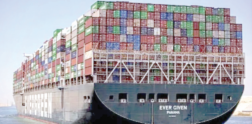 A cargo ship in the sea.