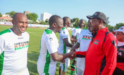 National Assembly speaker Moses Wetang'ula shakes hands with Bunge FC players in Mombasa on December 14, 2024. PHOTO/@HonWetangula/X