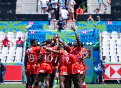 Kenya Sevens players celebrating following their win against England on Sunday December 8, 2024. PHOTO/@kipmurkomen/X