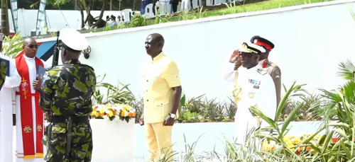 President William Ruto standing attention while Kenya Navy officers sing the national anthem on Saturday December 14, 2024. PHOTO/Screengrab by PD Digital/https://www.youtube.com/watch?v=nUnf0FOnOtM