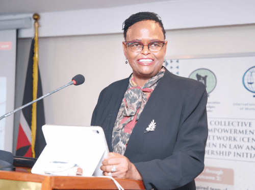 Chief Justice Martha K. Koome speaking when she attended the launch of the Collective Empowerment Network (CEN) Women in Law and Leadership Program in Nairobi. PHOTO/Phillip Kamakya