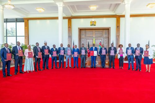 Parliamentary leadership at State House when President Ruto signed three bills into law. PHOTO/@KIMANIICHUNGWAH/X