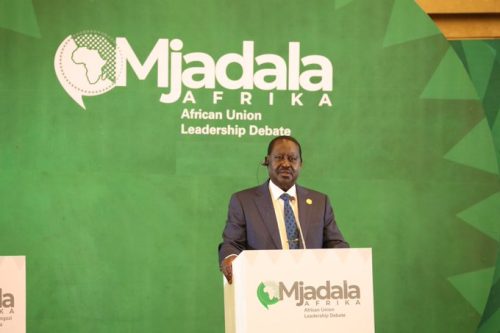 AUC chairmanship contestant Raila Odinga speaks during the Mjadala Afrika debate on December 13, 2024. PHOTO/@paulinenjoroge/X