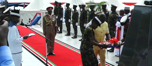 President William Ruto laying the wreath at the Kenya Navy base in Mtongwe, Mombasa on Saturday, December 14, 2024. PHOTO/Screengrab by PD Digital/https://www.youtube.com/watch?v=nUnf0FOnOtM