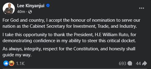 Statement shared by Lee Kinyanjui accepting his nomination on Saturday December 28, 2024. PHOTO/ Screengrab by PD Digital/https://www.facebook.com/GovernorLeeKinyanjui