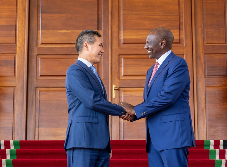 President William Ruto bids farewell to outgoing Chinese Ambassador to Kenya Zhou Pingjian