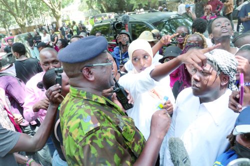 Protestors confront a senior police officer after they were disrupted by tears gas as they marched towards Parliament buildings on December 30, 2024. PHOTO/Kenna Claude