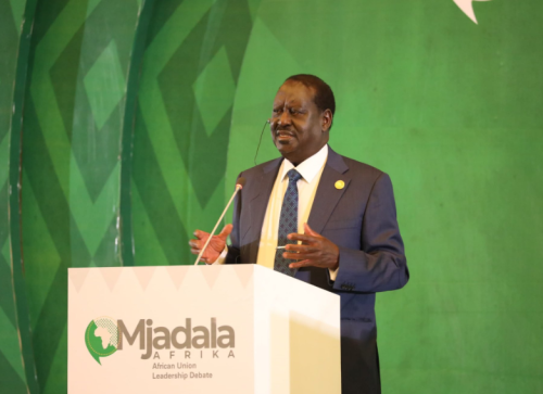 Raila Odinga speaking at the Mjadala Afrika debate at the African Union Headquarters on Friday, December 13, 2024. PHOTO/@TheODMparty/X