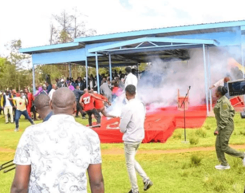 A teargas canister explodes at the VIP podium where Rigathi Gachagua was seated in Shamata, Nyandarua County on Saturday, December 28, 2024. PHOTO/@methumuhia/X