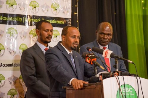 Former IEBC Commissioner Boya Molu left alongside the former Chairperson Wafula Chebukati and Abdi Guliye. PHOTO/@IEBCKenya/X