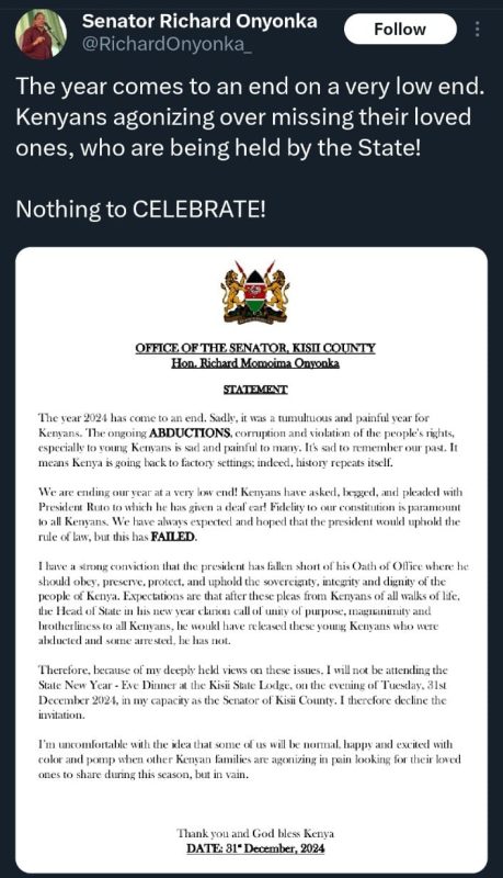 A statement shared by Kisii Senator Richard Onyonka declining an invite to attend state dinner at Kisii State Lodge on Tuesday December 31, 2024. PHOTO/ Screengrab by PD Digital/@RichardOnyonka_/X