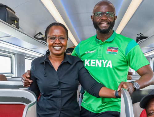 Baringo MP Flowrence Jematiah and her Alego-Usonga counterpart Samuel Atandi aboard the SGR for the EALA games in Mombasa. PHOTO/@SamuelAtandi/X