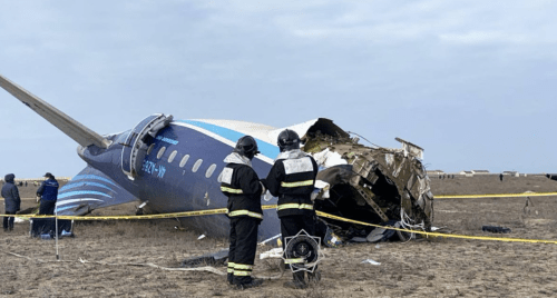 Remains of the Azerbaijan plane that crashed on December 25, 2024. PHOTO/@BrunoRguezP/X