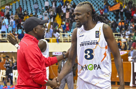 Sports CS Kipchumba Murkomen chats with a Nairobi City Thunder's player after they beat South Africa on December 3, 2024. PHOTO/@kipmurkomen/X