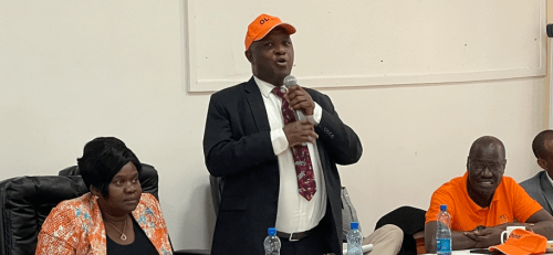 ODM Deputy party leader Godfrey Osotsi speaks during a past function as National chairperson Gladys Wanga and Executive Director Oduor Ong'wen look on. PHOTO/@ongwen/X