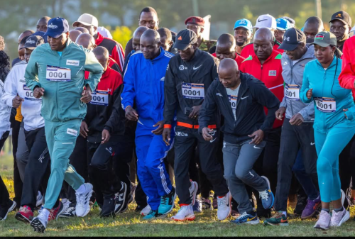 From left: Farouk Kibet, Eliud Kipchoge (in black cap) Deputy President Kithure Kindiki and Defence CS Soipan Tuya at the Chepsaita run Eldoret. PHOTO/@KindikiKithure/X