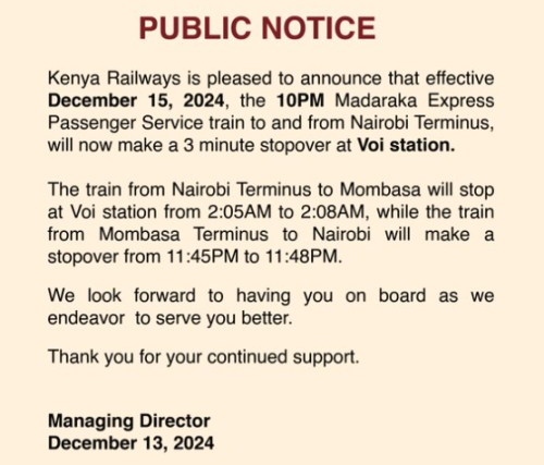 A statement from the Kenya Railways. PHOTO/@KenyaRailways_/X