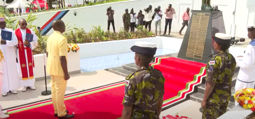 President William Ruto laying the wreath at the Kenya Navy base in Mtongwe, Mombasa on Saturday, December 14, 2024. PHOTO/Screengrab by PD Digital/https://www.youtube.com/watch?v=nUnf0FOnOtM