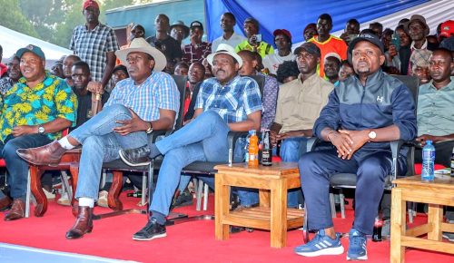 Eugene Wamalwa, Kalonzo Musyoka and Trans-Nzoia County Governor George Natembeya. PHOTO/@EugeneLWamalwa/X