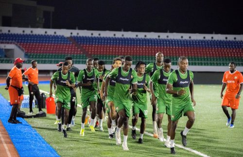 Harambee Stars captain Aboud Omar leads his teammates in a training session in Zanzibar. PHOTO/@Harambee__Stars/X