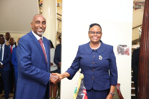 EACC CEO Abdi Mohamud shakes hands with Chief Justice Martha Koome on January 13, 2025. PHOTO/@Kenyajudiciary/X