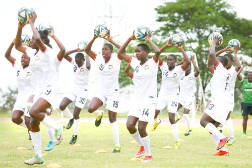 Kenya’s national Under-17 Women team, Junior Starlets, players take part in a past warm-up session at the Moi International Sports Stadium, Annex, Nairobi on September 17, 2024. PHOTO/RODGERS NDEGWA