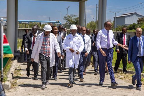 Deputy President Kithure Kindiki with Acting Cabinet Secretary for Agriculture and Livestock Development Aden Duale, and Principal Secretary for Livestock Development Jonathan Mueke during his inspection tour at Kenya Leather Industrial Park (KLIP) in Machakos. PHOTO/@KindikiKithure/X