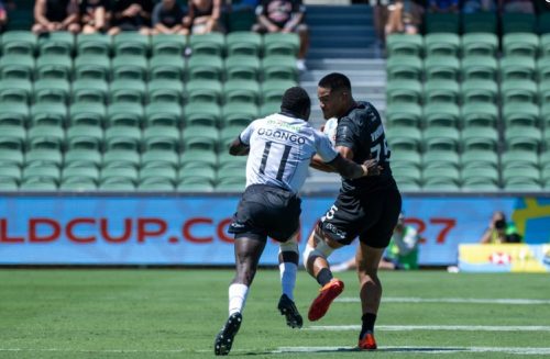 Shujaa player Patrick Odongo making a tackle during a match against New Zealand at Perth 7s on Friday January 24, 2025. PHOTO/ Screengrab by PD Digital/https://www.facebook.com/KenyaSevens