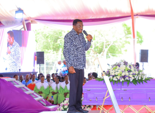 Siaya County Governor James Orengo speaking to mourners at Roseline Odede’s funeral in Uyoma, Rarieda Sub-county, on Saturday, January 18, 2025. PHOTO/@orengo_james/X
