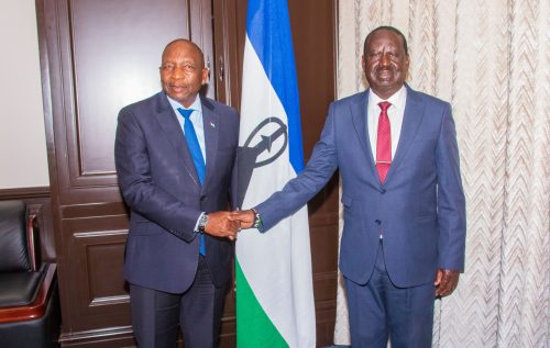 Raila Odinga shakes hands with Lesotho PM Rt Hon Sam Matekane in Maseru. PHOTO/@MatekaneSam/X