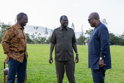 President William Ruto, his Ghanian counterpart John Mahama and Raila Odinga during their meeting on December 29, 2025. PHOTO/@WilliamsRuto/X