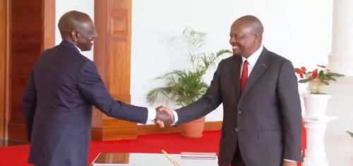 President William Ruto greating CS Kagwe after swearing in on Friday January 17, 2025. PHOTO/ Screengrab by PD Digital/https://www.facebook.com/williamsamoei/videos/1106921567788049/