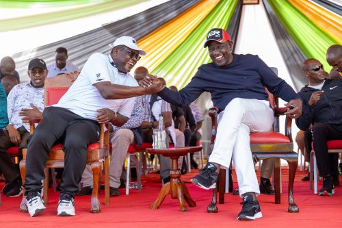 President William Ruto and Governor Ken Lusaka watching a football tournament organised by Kakamega Governor Fenandes Barasa on Wednesday January 1, 2024. PHOTO/@SpeakerKLusaka/X