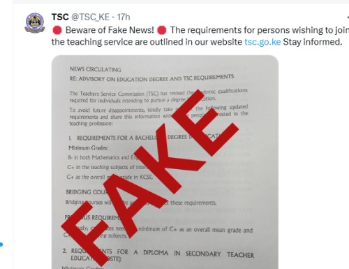 TSC statement warning of a fake post. PHOTO/Screengrab by People Daily Digital/ from a post shared by @TSC_KE