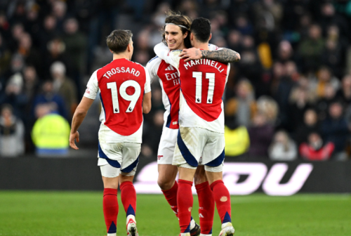 Arsenal players celebrate a goal against Wolves in a Premier League action. PHOTO/@Arsenal/X