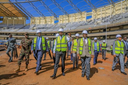 CS Kipchumba Murkomen and Salim Mvurya accompanied by other officials during an inspection tour of Kasarani Stadium on Tuesday January 7, 2025. PHOTO/@kipmurkomen/X