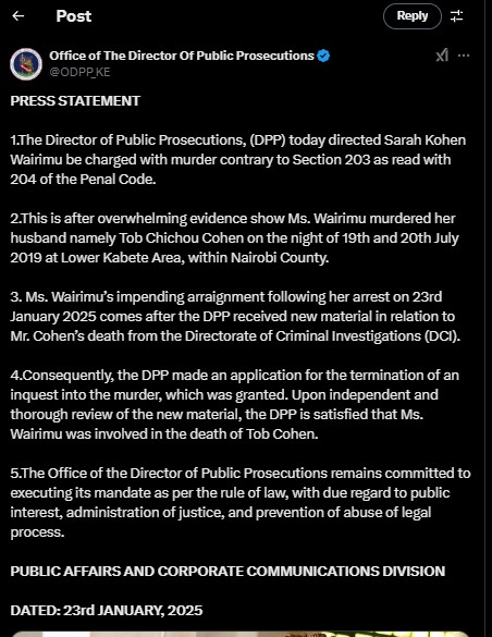 Part of the statement shared by ODPP on Tob Cohen's case on Thursday January 23, 2025. PHOTO/Screengrab by PD Digital/@ODPP_KE/X