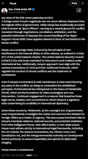 A statement shared by Sabati MP Caleb Amisi on Wednesday February 19, 2025. PHOTO/Screengrab by PD Digital/@Honcalebamisi/X